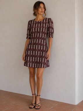 TWEE Burgundy Geometric Fit & Flare Dress Korean Fashion Free Size S/M
